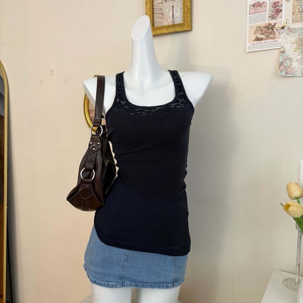 Hollister y2k Lace Trim Tank Top Size S Black Ribbed Racerback